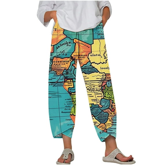 World Map Printed Cropped Pants for Women Plus Size Casual Loose Wide Leg Trousers Comfy Trendy Harem Pants for Beach Resort