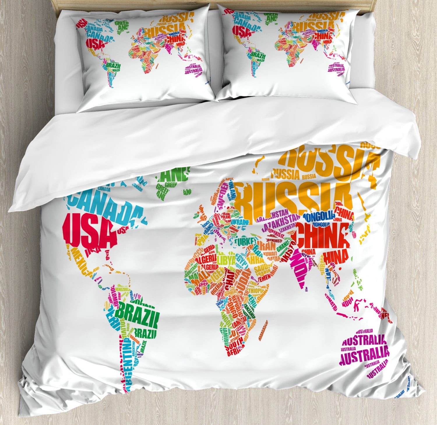World Map Queen Size Duvet Cover Set, World Map with Names of the ...