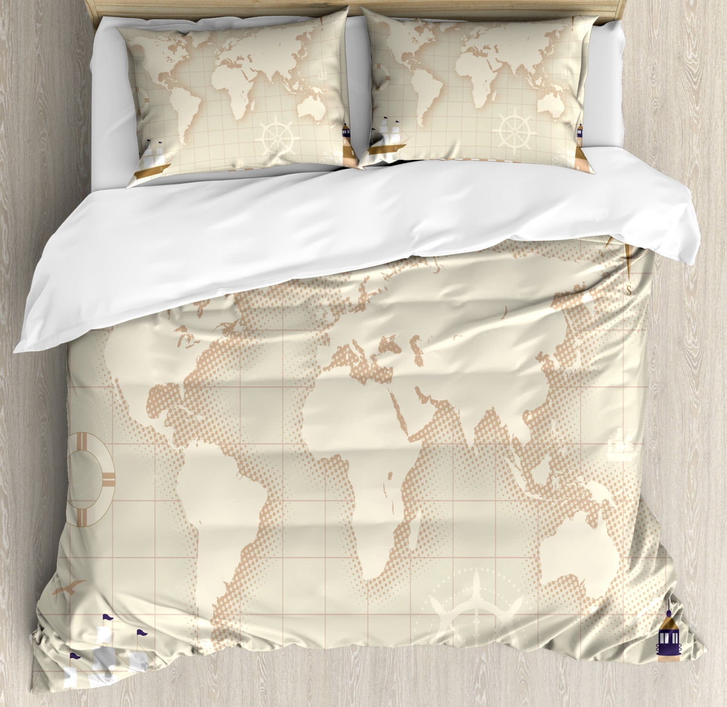 World Map Queen Size Duvet Cover Set, Old World Map with Windrose ...