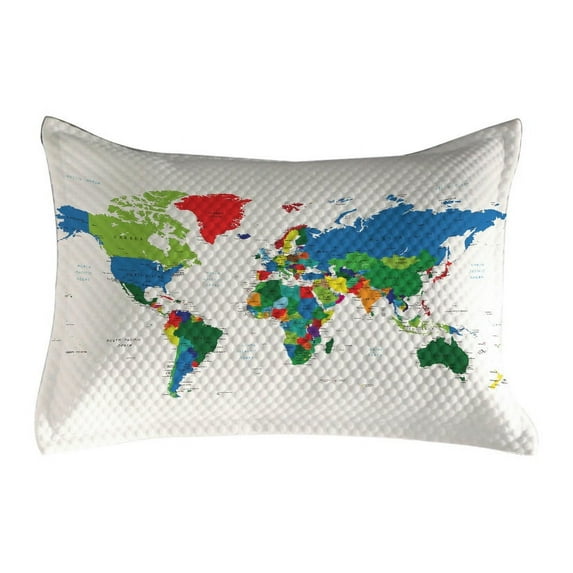World Map Quilted Pillowcover, Colorful Political Map Borders Between Countries Different Nations and Cultures, Standard King Size Accent Pillow Cover for Bedroom, 36" x 20", Multicolor, by Ambesonne