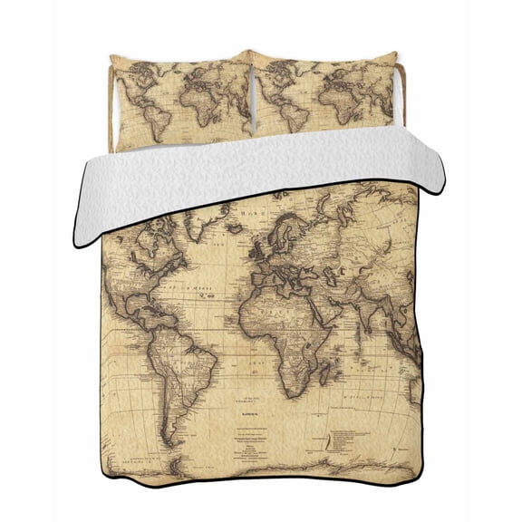 World Map Quilts Bedding Set Full Size Retro Yellow Plate Line Abstract Lightweight Quilted Bedspread 3 Piece Bed Quilt with 2 Pillow Shams All Season for Bedroom 68" x 98"