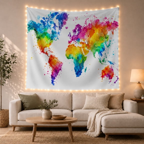 World Map in Rainbow Paint Splashes, Adventurous Watercolor for Travel Lovers, Global Wall Art, Housewarming Gift, Tapestry Wall Hanging for Bedroom and Study Room