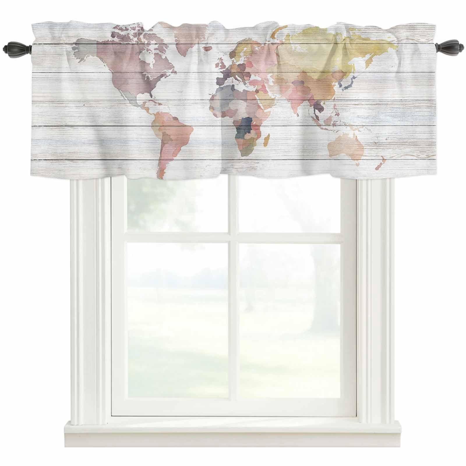 Window Map Rod World Map Rod Pocket Curtain Valance, Farmhouse Abstract Illustration ...