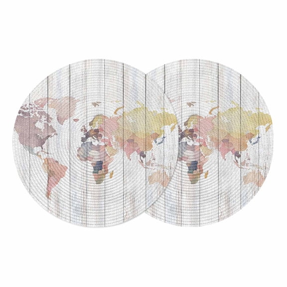 World Map Round 13 Inch Placemats Set of 2, Farmhouse Abstract Illustration Wooden Grain HeatResistant Non Slip Place Mats for Dining Table, Wipeable Braided Kitchen Table Mats for Housewarming
