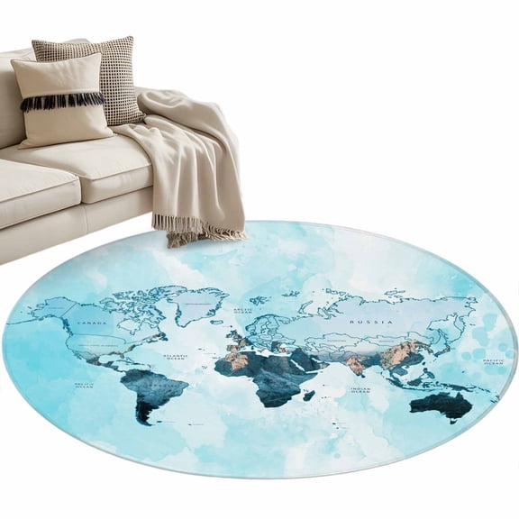World Map Round Area Rug 3ft Blue Map Abstract Non-Slip Washable Circle Rugs Soft Felt Indoor Floor Mat for Bedroom Kitchen Living Room Bathroom