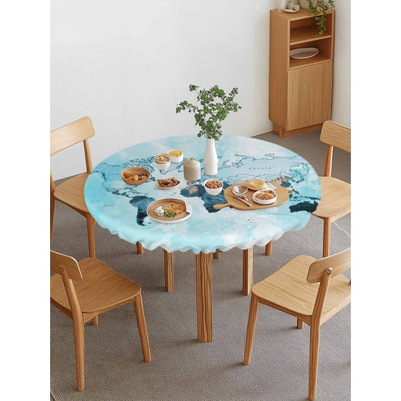 World Map Round Fitted Tablecloth with Elastic Edge, Blue Map Abstract Waterproof Stretch Table Covers for 36"-44" Tables Wipeable Table Cloth for Outdoor