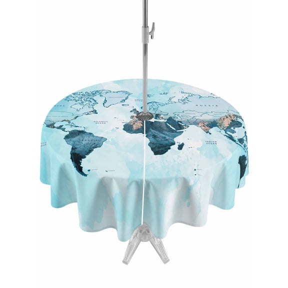 World Map Round Outdoor Tablecloth with Umbrella Hole Blue Map Abstract 54 Inch Round Waterproof Table Cover Zippered Table Cloth for Garden Patio