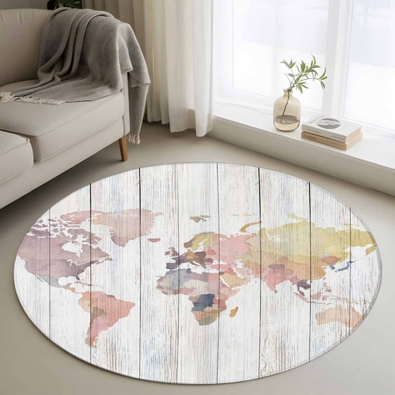 World Map Round Rug 3ft Washable Circle Entryway Rugs Non Slip Farmhouse Abstract Illustration Wooden Grain Area Rug Indoor Floor Carpet for Bedroom Kitchen Living Room Home Office Dining Room