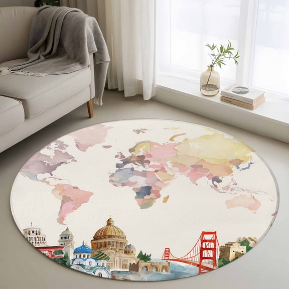 World Map Round Rug 3ft Washable Circle Entryway Rugs Non Slip Farmhouse Famous Building Tourism Bridge Area Rug Indoor Floor Carpet for Bedroom Kitchen Living Room Home Office Dining Room Nursery