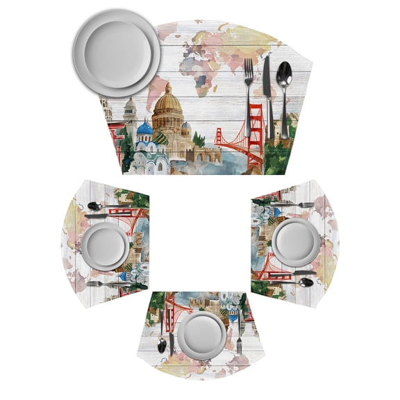 World Map Round Table Placemats Set of 2 Wedge Placemats, Country Famous Building Tourism Bridge Wooden Place Mats for Dining Table Set Washable Mats Kitchen Decor for Indoor Outdoor Wipe Clean