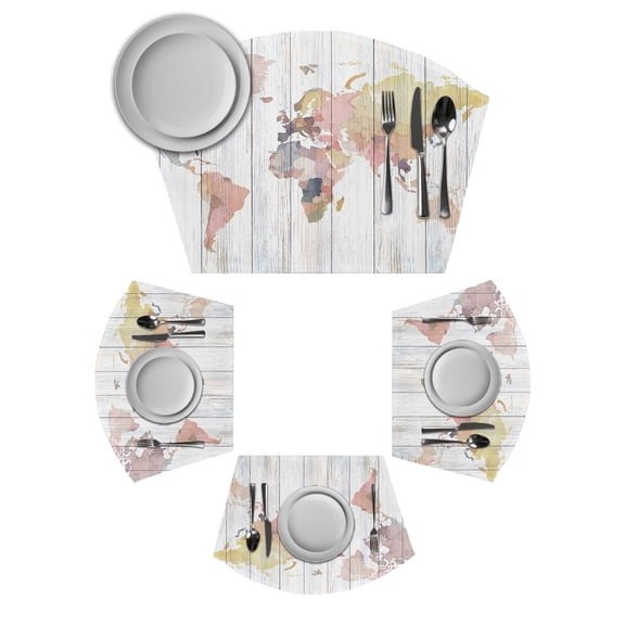 World Map Round Table Placemats Set of 2 Wedge Placemats, Farmhouse Abstract Illustration Wooden Grain Place Mats for Dining Table Set Washable Mats Kitchen Decor for Indoor Outdoor Wipe Clean