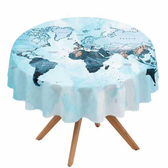 World Map Round Tablecloth 54 Inch Blue Map Abstract Waterproof Spillproof Circle Table Cloth Washable Round Table Cover for Party, Picnic, Indoor and Outdoor Dining