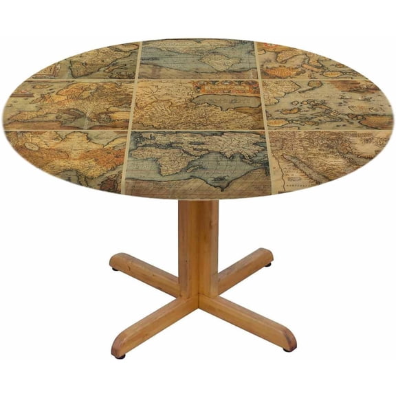 World Map Round Tablecloth Antique Old Maps Vintage Civilization Group Waterproof Oil-Proof Table Cover Table Cloth For Indoor Dining, Outdoor Picnic Parties, Camping ,Fits For Table 40-44"