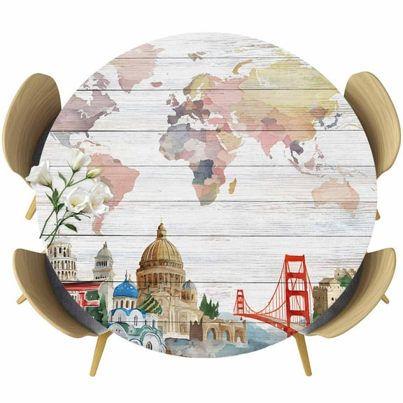 World Map Round Tablecloth, Fitted Table Cover with Elastic for 36"-44" Round Tables, Country Famous Building Tourism Bridge Wooden Table Cloth Outdoor Indoor Dinning Party Waterproof Tablecloths