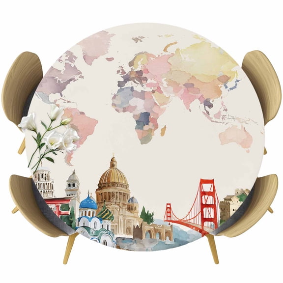 World Map Round Tablecloth, Fitted Table Cover with Elastic for 36"-44" Round Tables, Farmhouse Famous Building Tourism Bridge Table Cloth Outdoor Indoor Dinning Party Waterproof Tablecloths