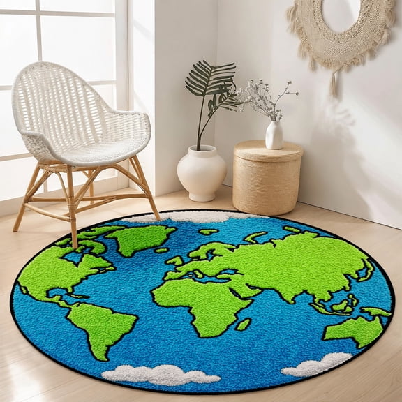 World Map Round Velvet Area Rug Educational Globe Pattern Soft Plush Kids Room Bedroom Playroom Carpet SPXUBZ 31.5"×31.5"
