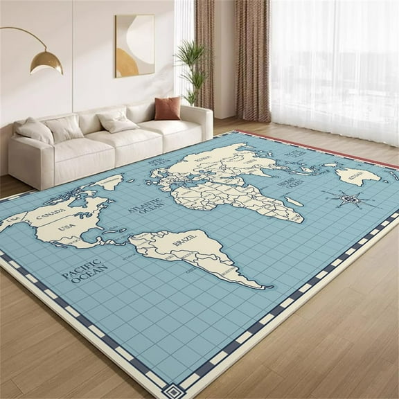 World Map Rugs For Living Room Modern Blue Beige Grid Vintage Washable Kids Rugs Soft Low Pile Throw Carpet Floor Mat For Bedroom Nursery Office Home Decor-5' × 6' / 60" × 72" ( W × L )