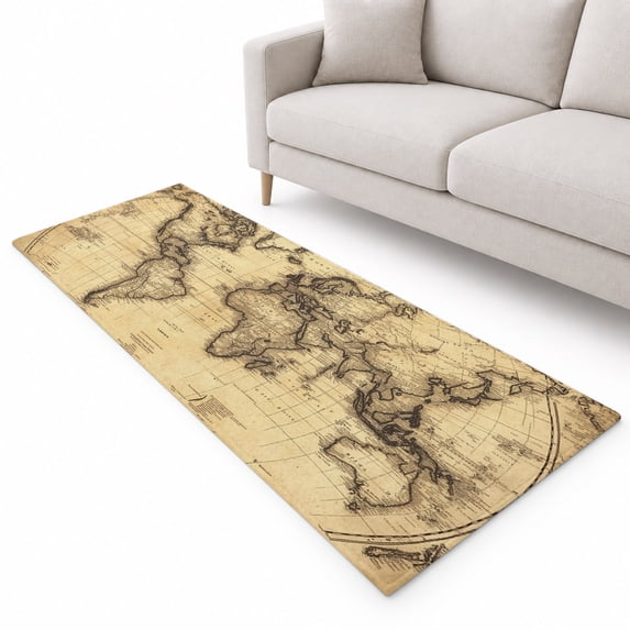 World Map Runner Rug 2.6'x8', Retro Yellow Plate Line Abstract Soft Mat ...