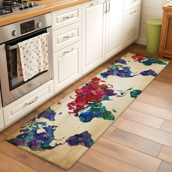 World Map Runner Rug Non Slip 2x6 Watercolor Splashes Vintage Abstract Map Washable Rug Runner for Hallways Low Pile Kitchen Rugs Ultra-Thin Stain Resist Carpet for Bathroom Bedroom Entryway
