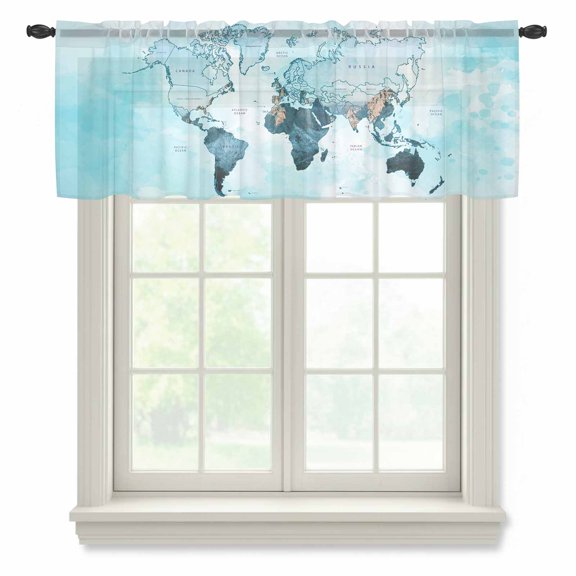 World Map Semi Sheer Valance Curtains Blue Map Abstract Voile Valances Curtain Rod Pocket Small Window Treatment for Kitchen Bathroom Cafe 60"x18"