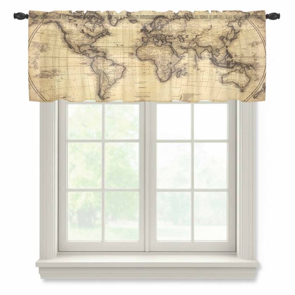 World Map Semi Sheer Valance Curtains Retro Yellow Plate Line Abstract Voile Valances Curtain Rod Pocket Small Window Treatment for Kitchen Bathroom Cafe 54"x18"