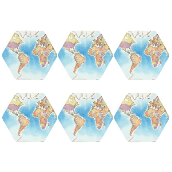 World Map Set of 6 Faux Leather 4 Inch Coasters Drinks Tabletop Home Dinning Hexagon
