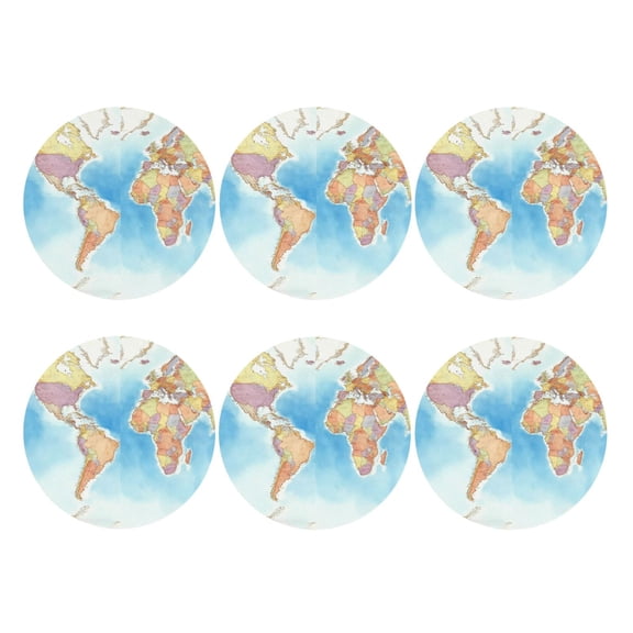 World Map Set of 6 Faux Leather 4 Inch Coasters Drinks Tabletop Home Dinning Round Shape