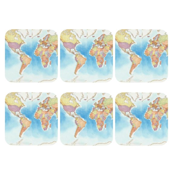 World Map Set of 6 Faux Leather 4 Inch Coasters Drinks Tabletop Home Dinning Square