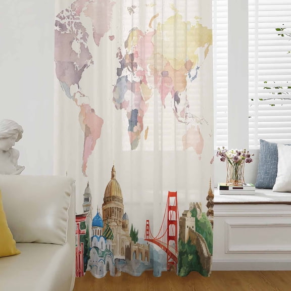 World Map Sheer Curtains 45 Inches Long for Living Room/Bedroom, Farmhouse Famous Building Tourism Bridge Rod Pocket Voile Kitchen Curtains & Drapes Window Treatment 1 Panel, 52"W x 45"L