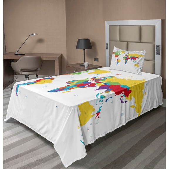 World Map Sheet Set, Colorful Detailed Continents Design Countries and Oceans Cartoon Illustration, Fitted and Flat Sheet with Pillowcase Bedding Accent 3 Piece Set, Twin, Multicolor, by Ambesonne