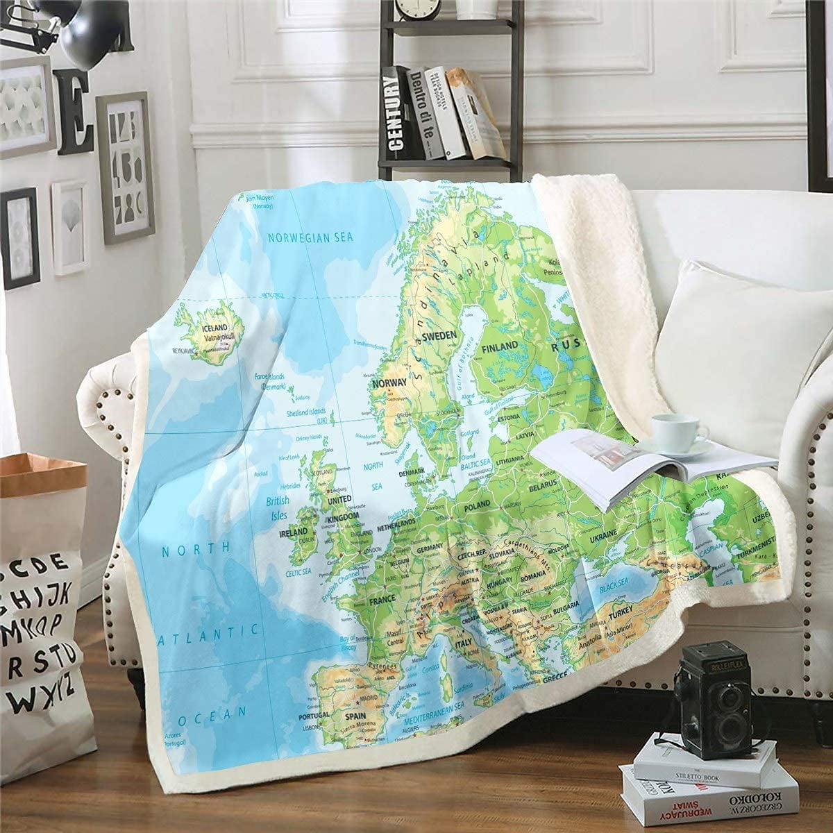 World Map Sherpa Blanket Continental Europe Fleece Throw Blanket Ocean