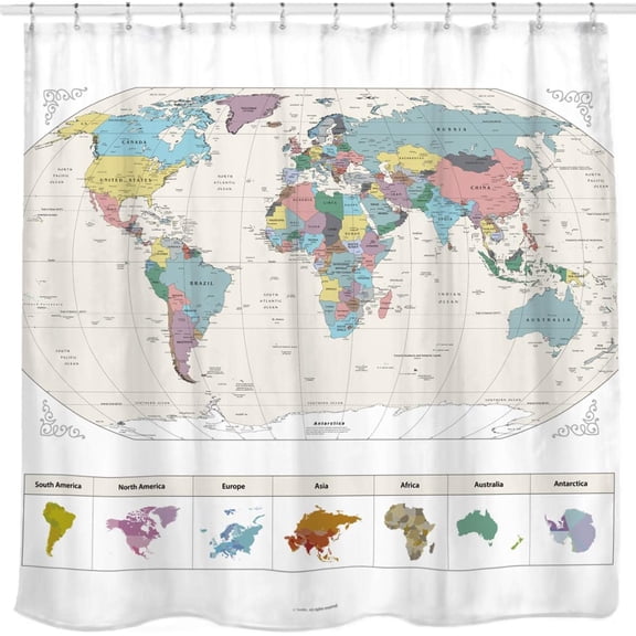 World Map Shower Curtain 66x72in Fabric Shower Curtains with 12 Plastic Hooks for Home Decor Wall Map Bathroom Curtain