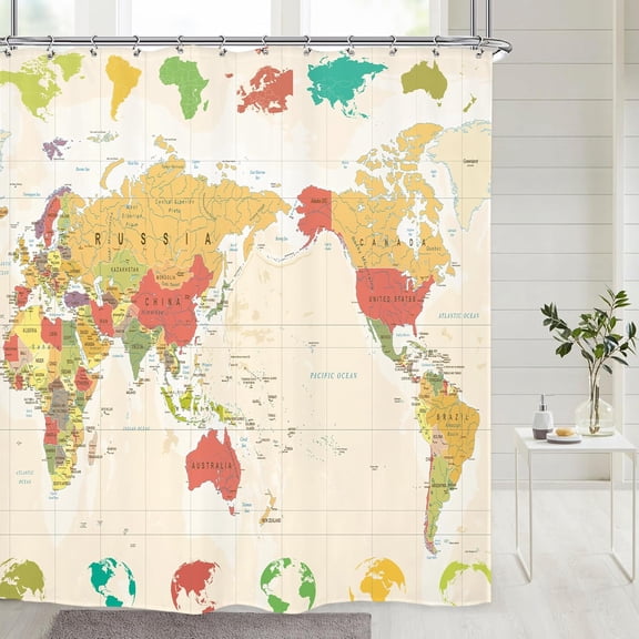 World Map Shower Curtain 72Wx72H Inch Map of The World Vintage Odorless Water Repellent Polyester Fabric Shower Curtain Geography European Country Capital Bathroom Decor12 Pack Hooks