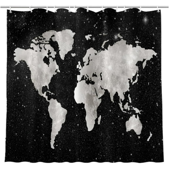 World Map Shower Curtain for Bathroom, Black Earth Map of The World Shower Curtain Set Home Bathroom Decor Waterproof Fabric Bathtub Curtain with 12 Hooks 72x72 inches
