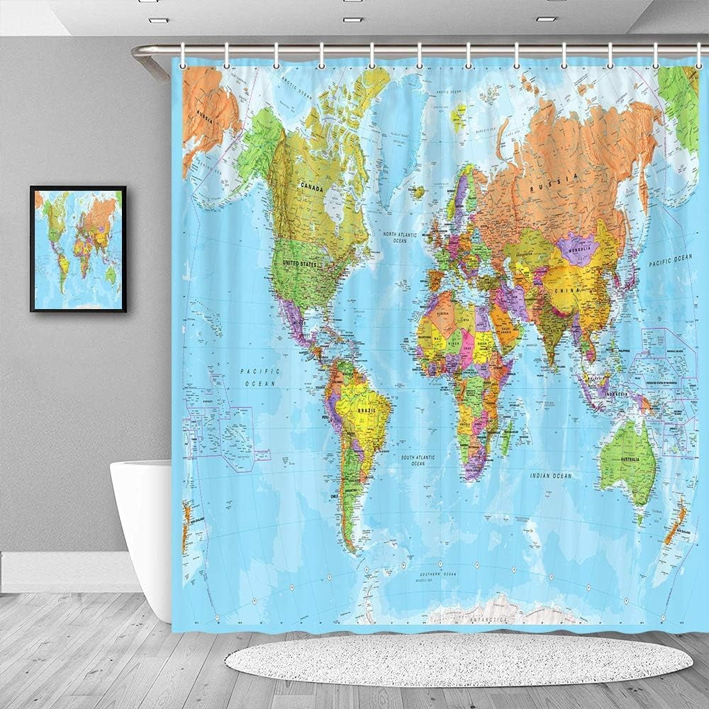 World Map Shower Curtain for Bathroom, Educational Geography Countries ...