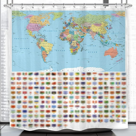 World Map Shower Curtain Bathroom Set 72Wx72H Inches with Detailed Major Countries and Cities Educational Geography Bath Accessories for Kids Teens Art Home Decor Fabric 12 Pack Hooks