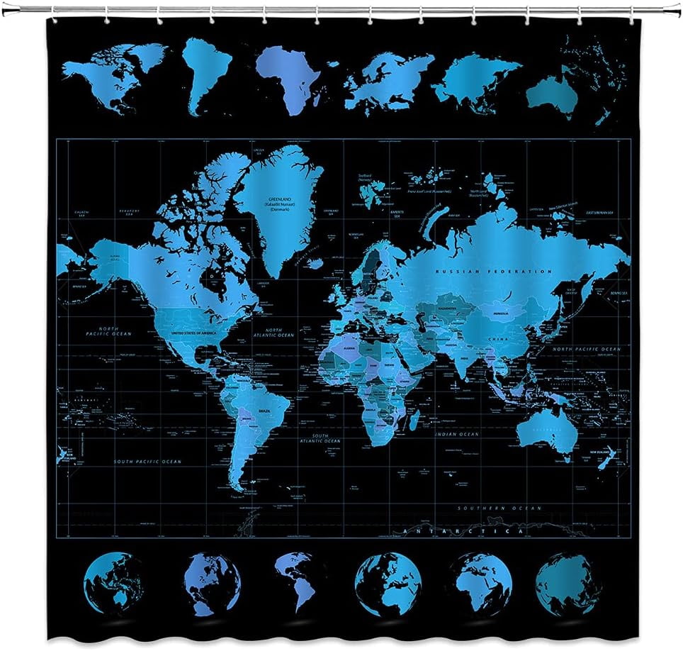 World Map Shower Curtain Blue Black Abstract Geography Countries ...