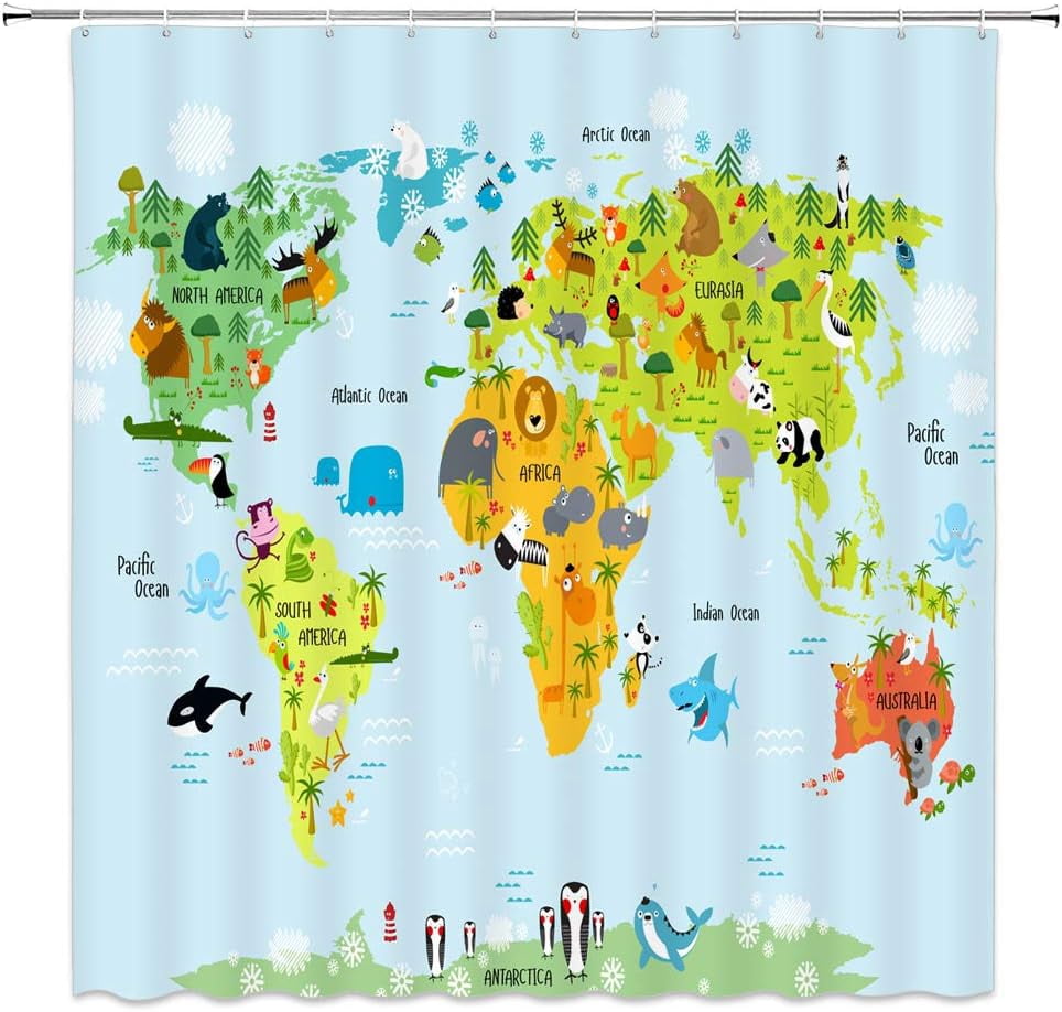 World Map Shower Curtain Cartoon Map with Cartoon Animal Tree Forest ...