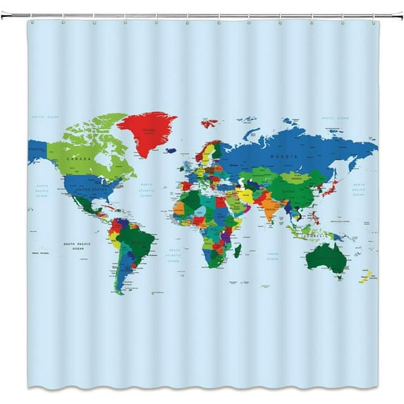 World Map Shower Curtain Colorful Abstract Geography Countries Capital Cities Map with Major Cities and Continent for Students Educational Tool Fabric Bathroom Decor Curtain with Hooks