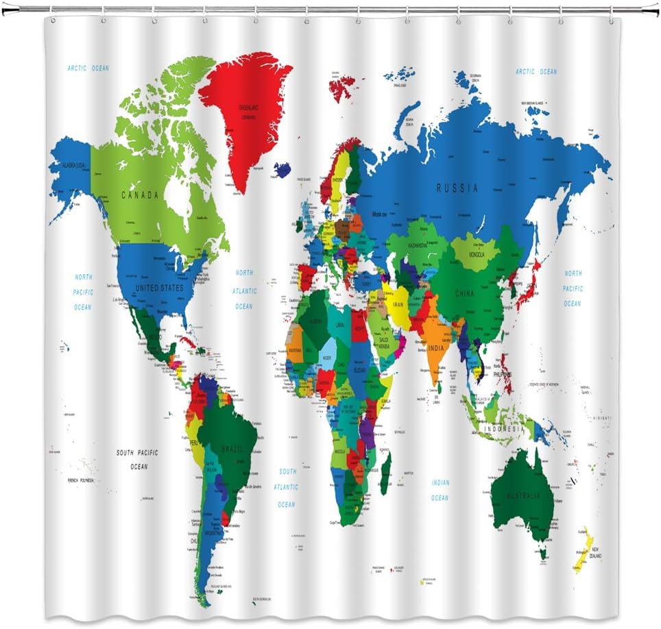 World Map Shower Curtain Colorful Geography Countries Capital Cities ...