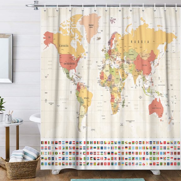 World Map Shower Curtain, Cool Countries and Cities Educational Fabric Shower Curtain, Funny Colorful Kids Boys Map Decorative Shower Curtain with 12PCS Hooks 72X72 Inch Beige