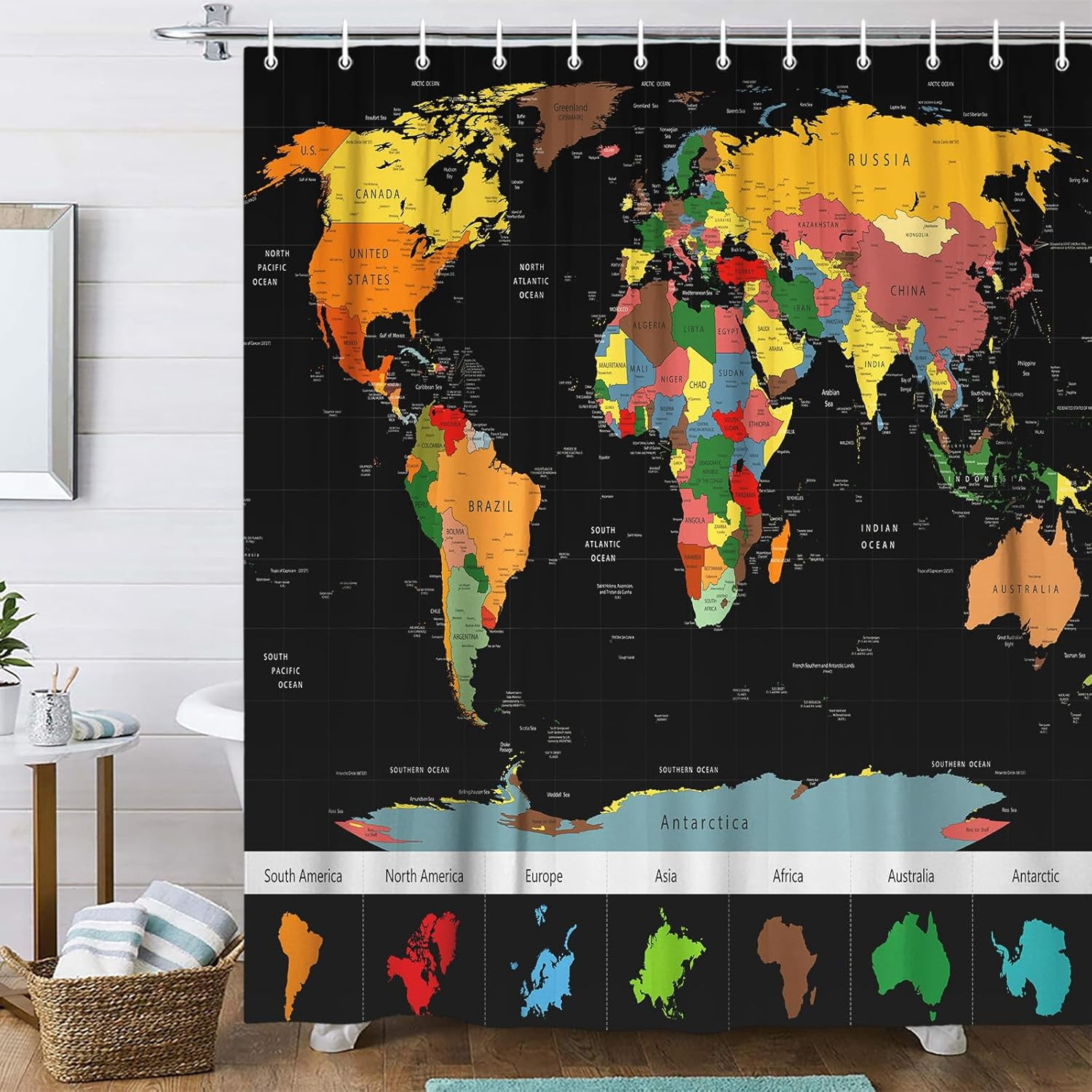 World Map Shower Curtain, Cool Countries and Cities Educational Fabric