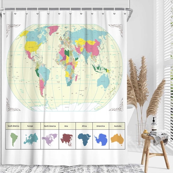 World Map Shower Curtain, Funny Kids Geography Countries Capital Cities Map Major Cities Students Educational Tool Shower Curtain Set, Fabric Bathroom Decor Curtain with Hooks, 72X72in