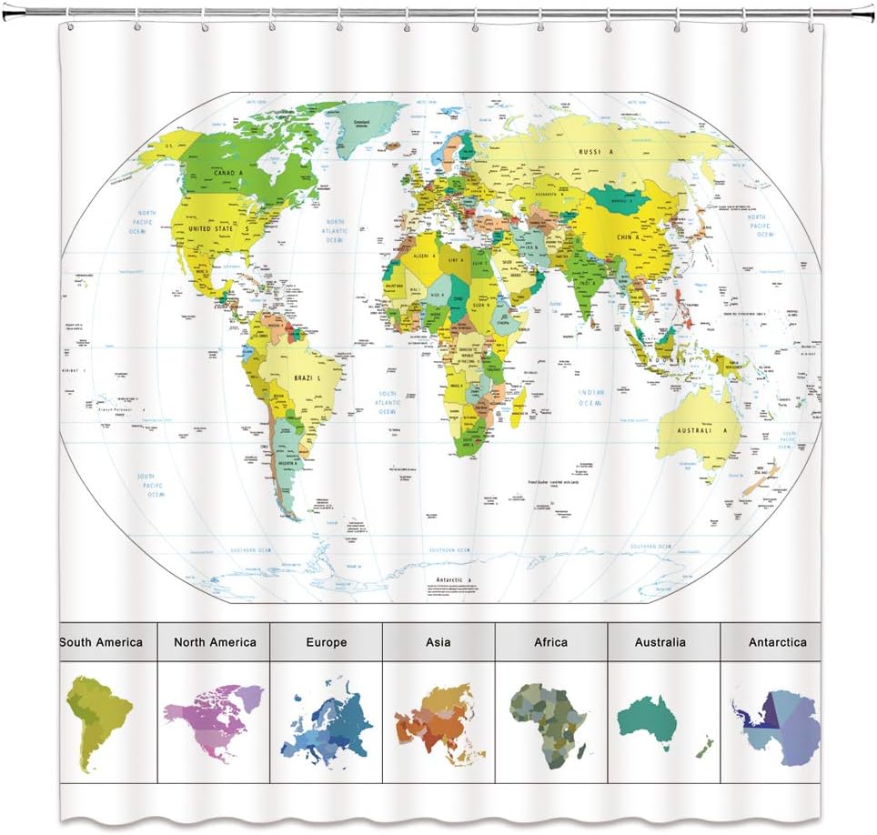 World Map Shower Curtain Geography Countries Capital Cities Map with ...