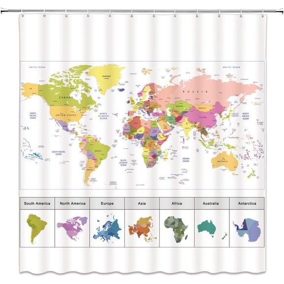 World Map Shower Curtain Geography Countries Capital Cities Map with Major Cities and Continent for Students Educational Tool Fabric Bathroom Decor Curtain with Hooks