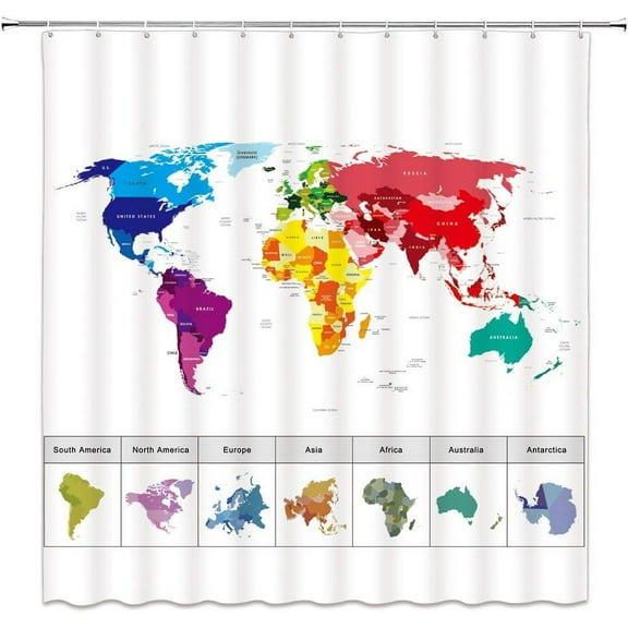 World Map Shower Curtain Geography Countries Capital Cities Map with Major Cities and Continent for Students Educational Tool Fabric Bathroom Decor Curtain with Hooks