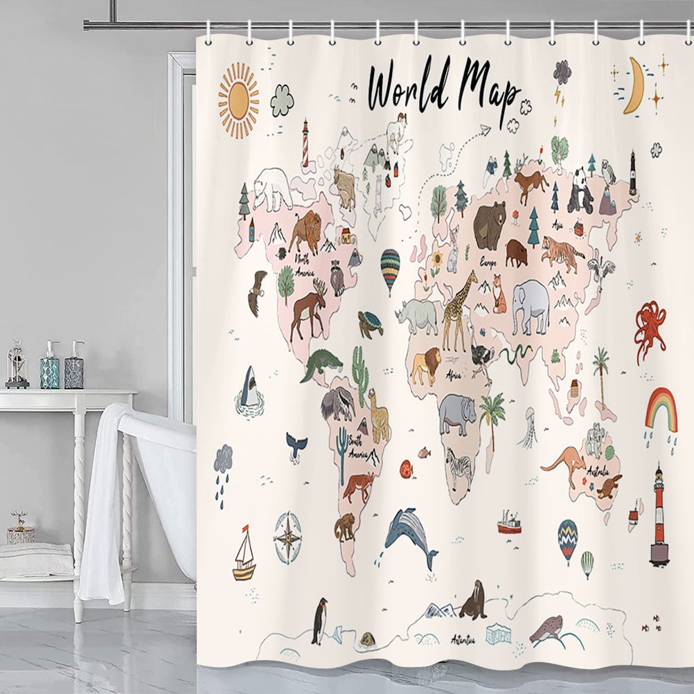 World Map Shower Curtain for Kids, Cute Cartoon Animal Educational