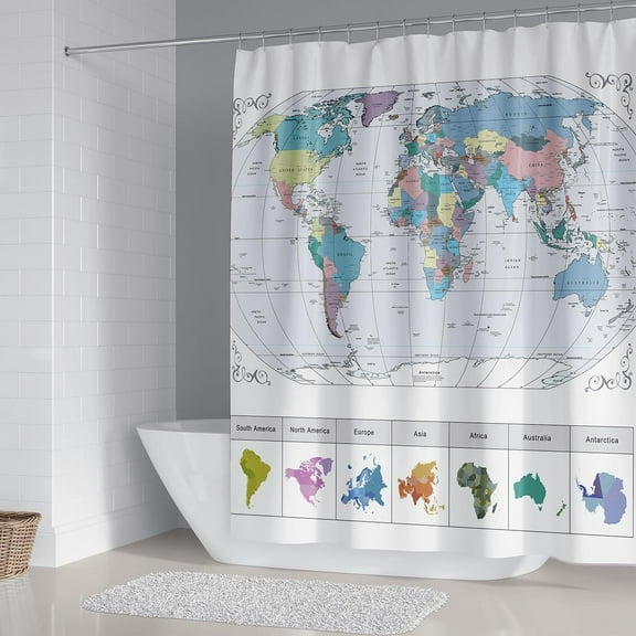 World Map Shower Curtain with Major Cities, Funny Kids Bathroom Sets, PVC Free, Non-Toxic and Odorless Water Repellent Fabric Curtains with Hooks 71x71 inches