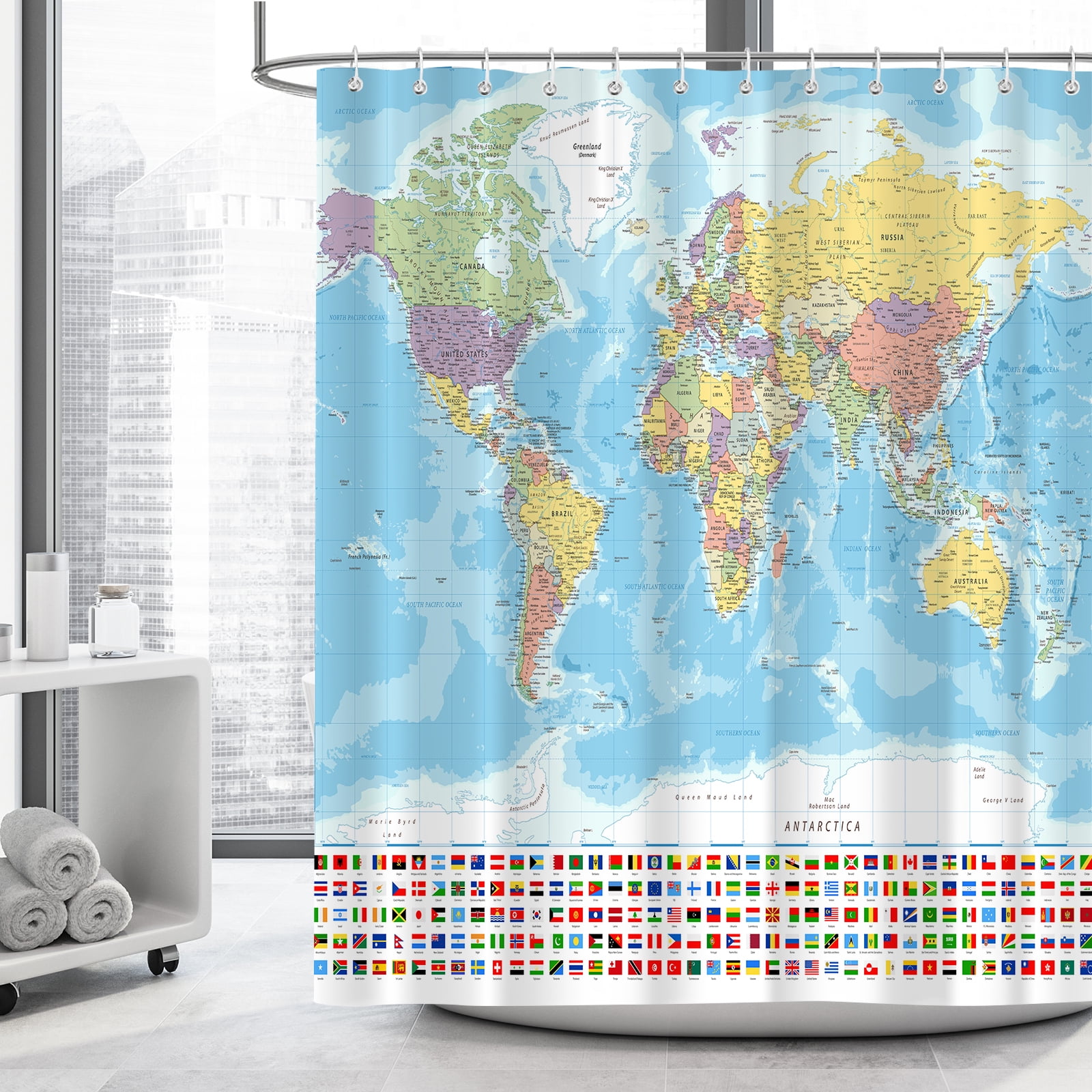 World Map Shower Curtain, Map of The World with National Educational Fabric Shower Curtains Set for Bathroom Boys Girls Kids Map Bath Decor with Hooks 72 X 72 Inch