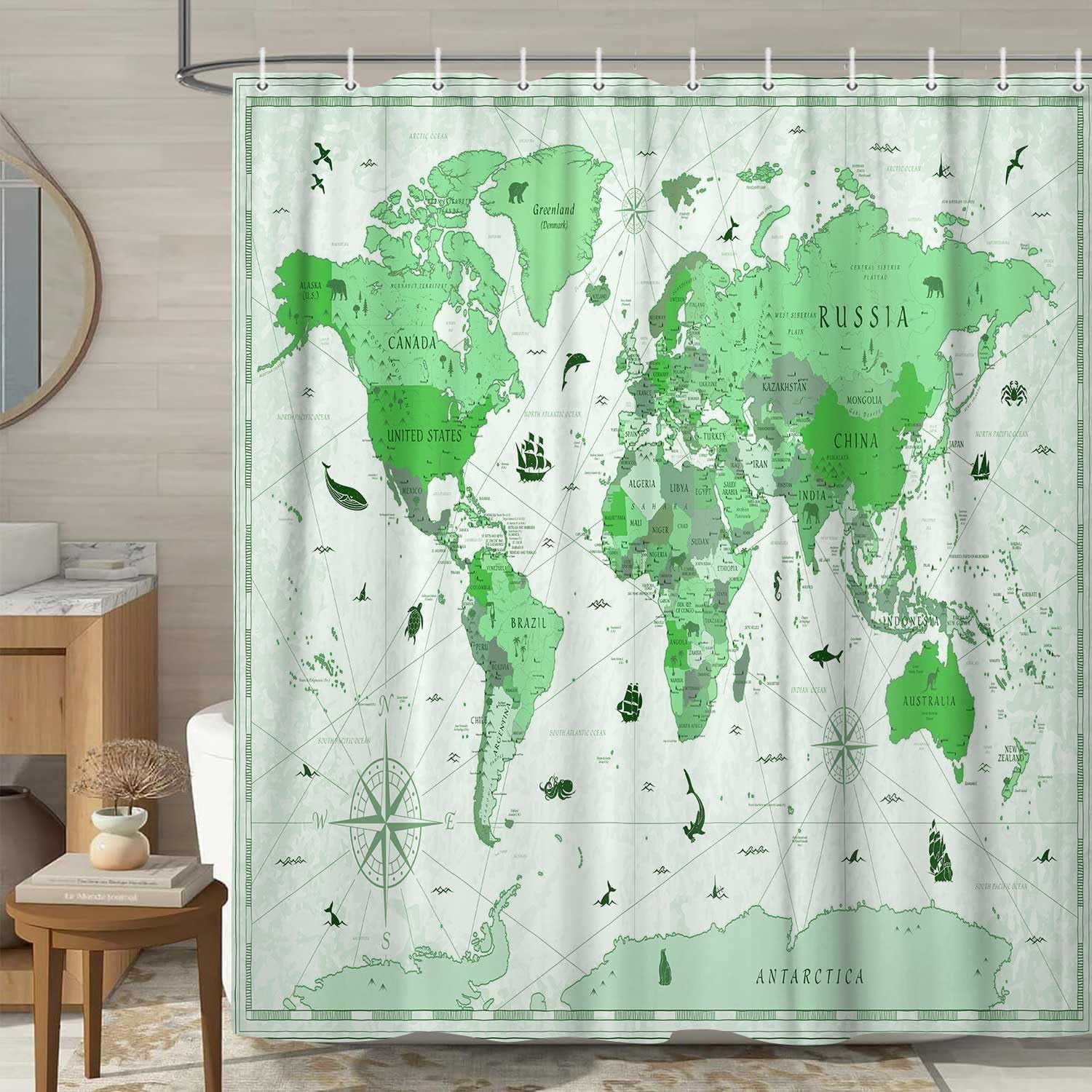World Map Shower Curtain, Map of The World with National Educational Fabric Shower Curtains Set for Bathroom, Geography Educational Fabric Bathroom Shower Curtain with Hooks, 60X70IN（Green）